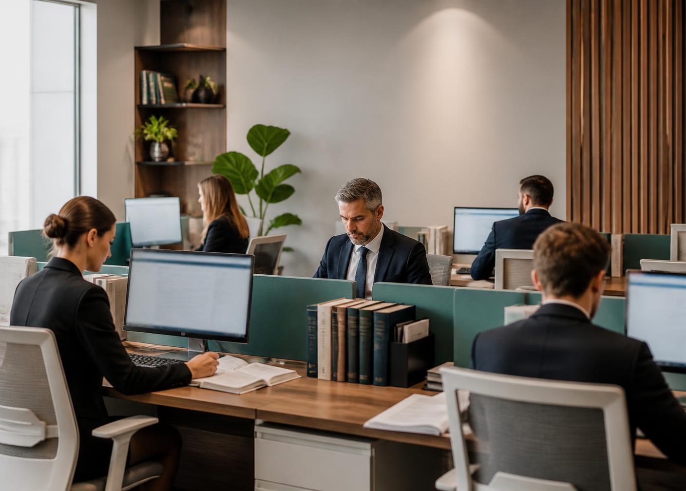 Equipe de advogados trabalhando em estações de trabalho modernas e integradas