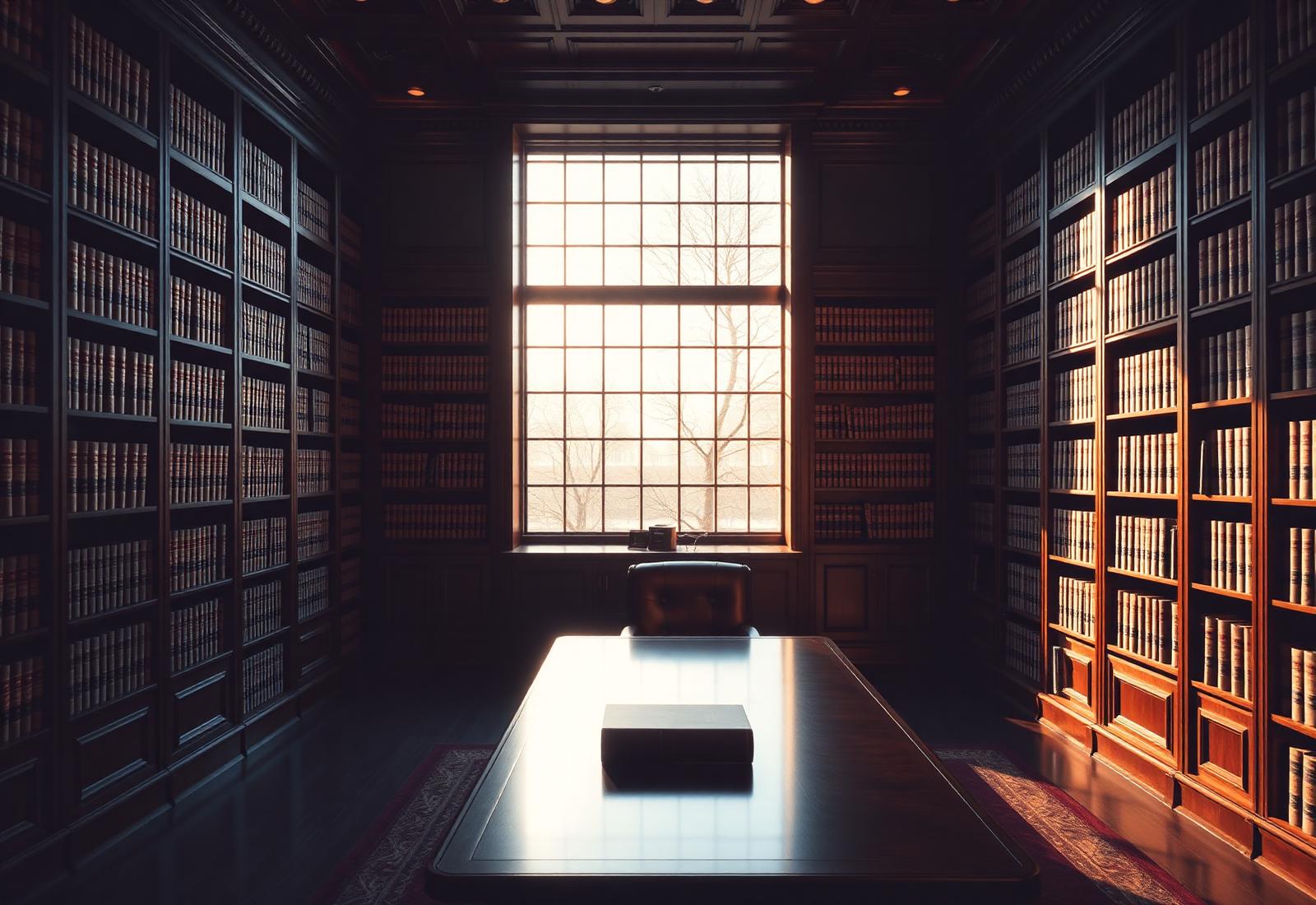 Biblioteca jurídica com estantes de madeira e luz natural