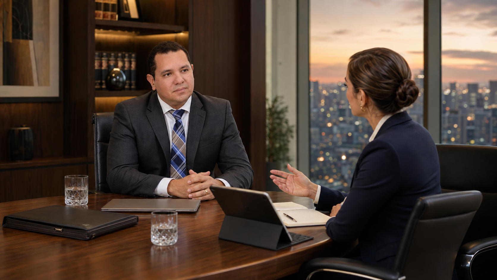 Advogado atendendo cliente corporativo em sala executiva acolhedora
