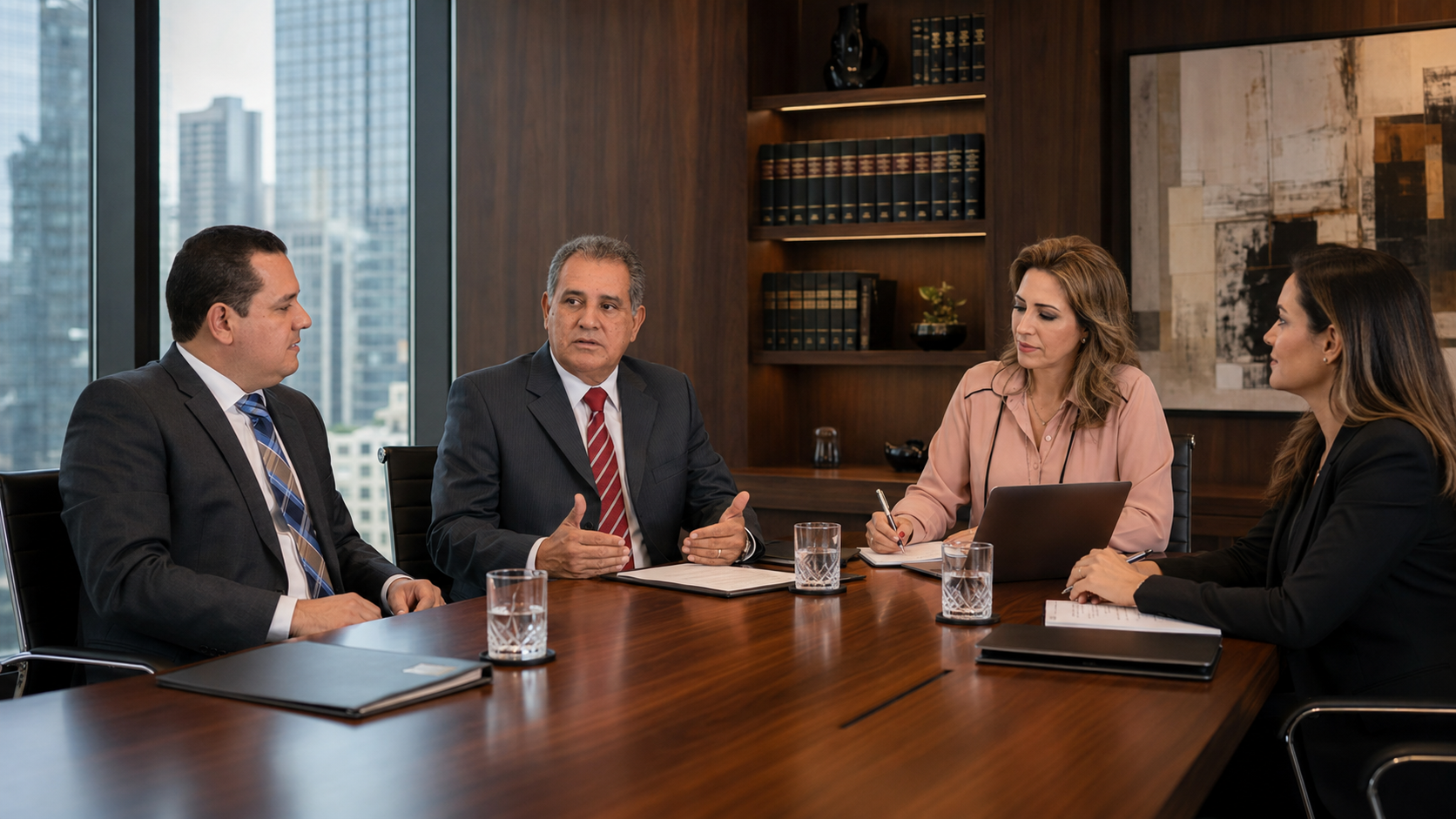 Sala de reunião executiva com advogados em torno de mesa de madeira nobre